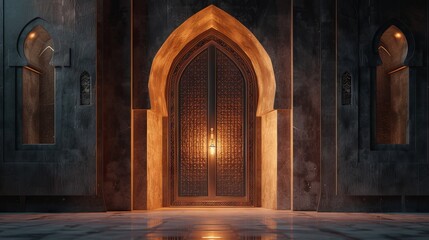 Fototapeta premium Ramadan Kareem greeting card with 3d Mosque door and crescent moon