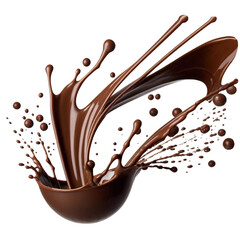 Chocolate splash, with chocolate drops flying in different directions isolated on PNG background. Generative AI.