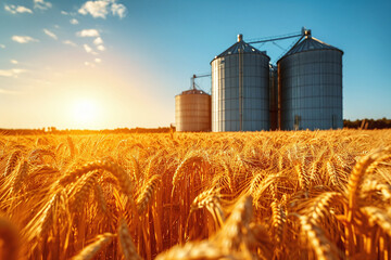 Silos in a wheat field. Storage of agricultural product - obrazy, fototapety, plakaty