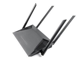 Fototapeta premium Black wireless internet router isolated on white background. Wireless Wi-Fi router isolated on white. Fiber Optic Internet. Network cables Connected to a router, speed test concept.
