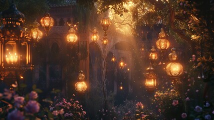 Mystical Ramadan garden with lights, lanterns, flowers, and mythical creatures, sculpture artwork