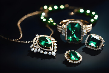 Photo of elegant white gold jewelry with emeralds. Beautiful jewelry with a transparent green stone