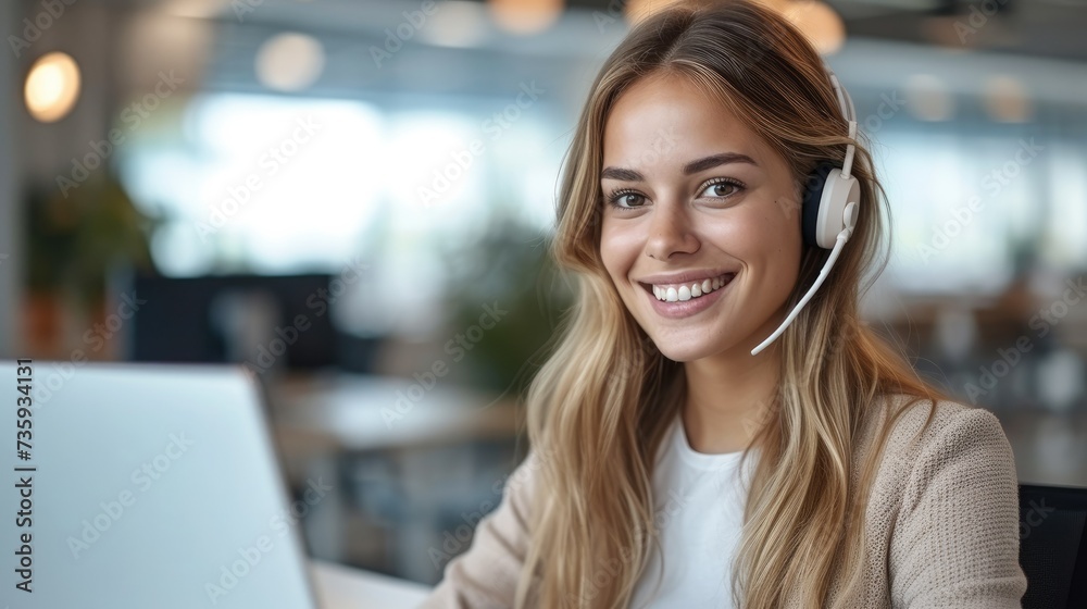 Poster A friendly smiling woman with headset working with laptop and talking while calling client. Generative AI.