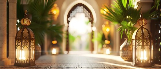 Ramadan Kareem: abstract Islamic interior with lanterns, arches, doors and plants