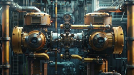 Fototapeta na wymiar Inside a ship's engine room, industrial gears, pipes, and machinery create a complex mechanical landscape, epitomizing the power and precision of maritime technology