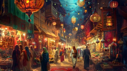 Ramadan Kareem: abstract Islamic interior with lanterns, arches, doors and plants