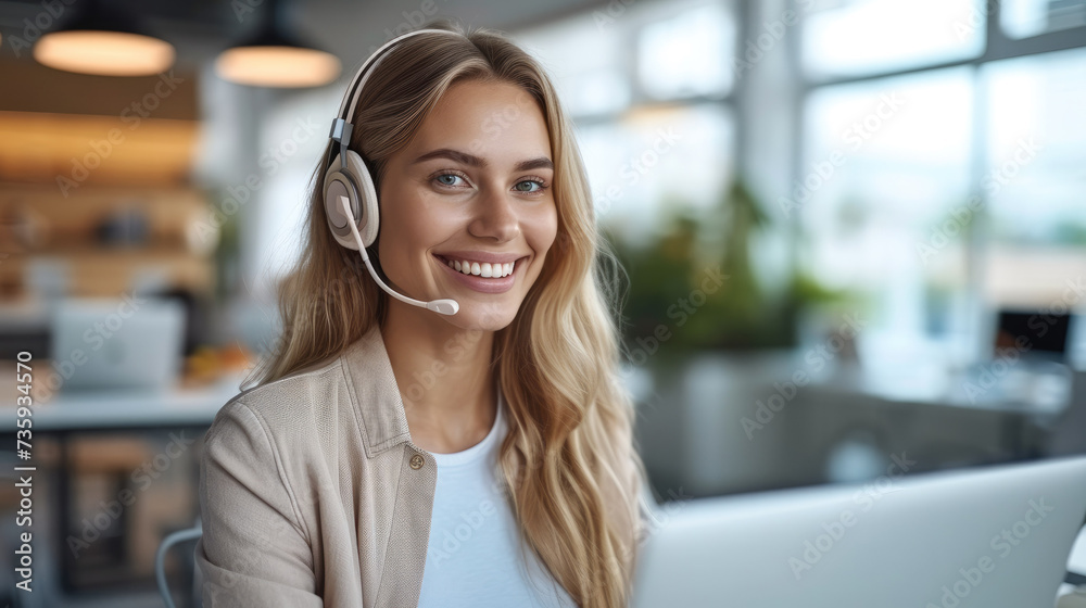 Aufkleber a friendly smiling woman with headset working in front of laptop talking while calling client. gener