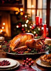 Christmas table and baked chicken. Selective focus. .