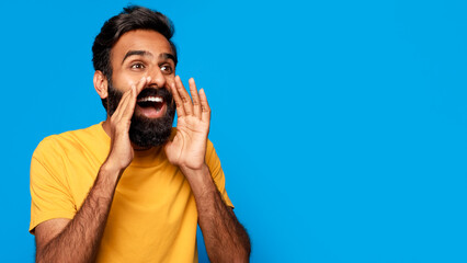 Middle aged indian man shouting message with hands around mouth - obrazy, fototapety, plakaty