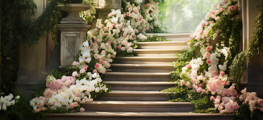 Fototapeta na wymiar stairway surrounded by a heavenly garden with flowers