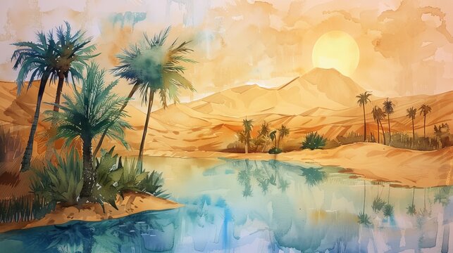 Desert oasis at dawn with palm trees and water pool, watercolor painting on paper, Ramadan artwork