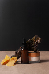 Beauty cosmetic natural mockup black background earthy colors self care hygiene sustainability still life composition