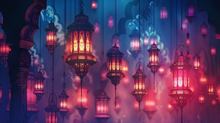 Arabic lanterns glowing in the dark with stars and crescent moon for Ramadan Kareem greeting card design with copy space