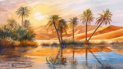 Desert oasis at dawn with palm trees and water pool, watercolor painting on paper, Ramadan artwork