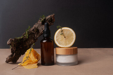 Beauty cosmetic natural mockup black background earthy colors self care hygiene sustainability still life composition