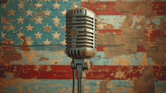 A focused image of a microphone with a blurred American flag in the background, representing the power and significance of speech in American democracy. Generative AI