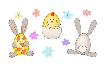 Easter doodle illustration. Eggs, chicken, rabbit