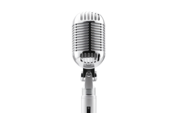 Silver Microphone. A silver microphone stands on a clean white background, ready to amplify voices and capture powerful performances.