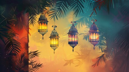Fototapeta na wymiar Arabic lanterns glowing in the dark with stars and crescent moon for Ramadan Kareem greeting card design with copy space