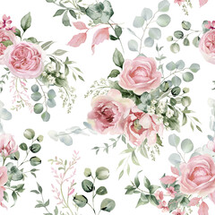 Seamless pattern with pink roses flowers and eucalyptus leaves. Watercolor floral background. Romantic illustration for print or fabric. Retro summer bouquet on white background © Nataliya Kunitsyna