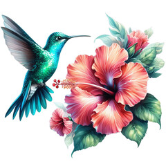 watercolor painting of a hummingbird and a hibiscus flower