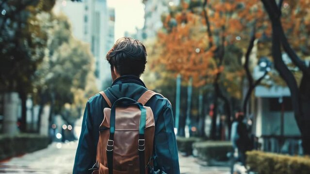 Young man with backpack walking in the city. Concept of traveling and lifestyle.