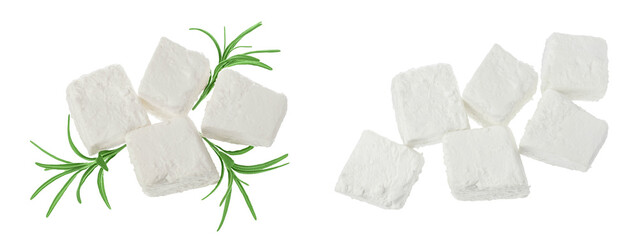Feta cheese isolated on white background. With full depth of field. Top view. Flat lay