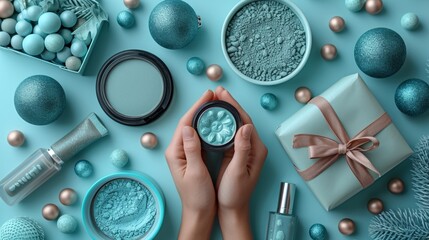 An image of makeup cosmetics and a gift box on a light blue background
