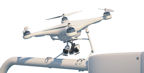 An aerial drone (quadcopter) is a robot character with remote or independent control. The robot looks menacingly. 3d illustration. White background.