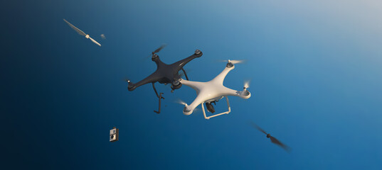 Two drones (copters) colliding with each other in the air. This image is suitable for demonstrating potential hazards and risks, as well as the importance of following safety measures.3D Illustration