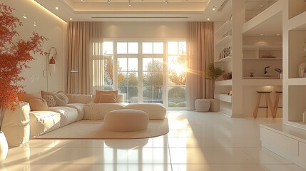Fototapeta premium Modern minimalist, warm white color scheme, living room space, Chinese New Year atmosphere. Generative AI.