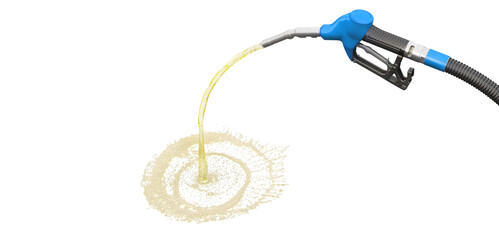 Fuel hose and metering nozzle from the gas pump from which gasoline flows on a white background. A 3D illustration can be used to present an idea of the potential dangers associated with refueling.
