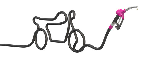 Illustration of a schematic motorcycle shape formed by a gasoline hose and nozzle on a white background, suitable for themes such as fuel, transportation, and motorcycling. 3D Illustration.
