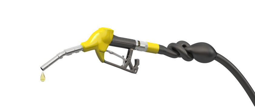 The fuel hose is rolled into a knot and the dispensing nozzle from the gas pump. As a concept: environmental pollution caused by the fuel industry. 3D Illustration. Isolated on white background.