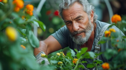 A Caucasian Gardener using Professional Garden Scissors in His 40s to Trim Plants in the Garden. Backyard Plants Care in the Spring.