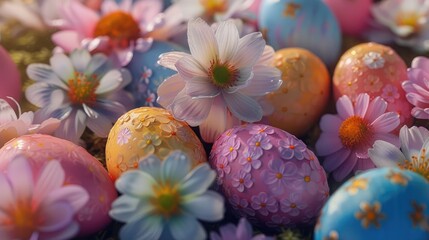Obraz na płótnie Canvas Easter Egg Arrangements Enhanced by Colorful Flowers