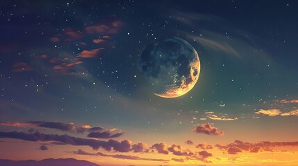 Fototapeta na wymiar Crescent moon shining over dark sky with stars and clouds, Ramadan Kareem greeting card design