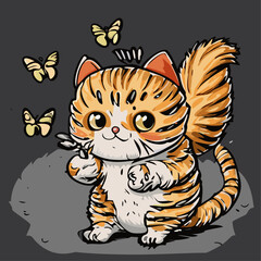 Cute little cat and butterfly, funny spend summer time. Vector illustration