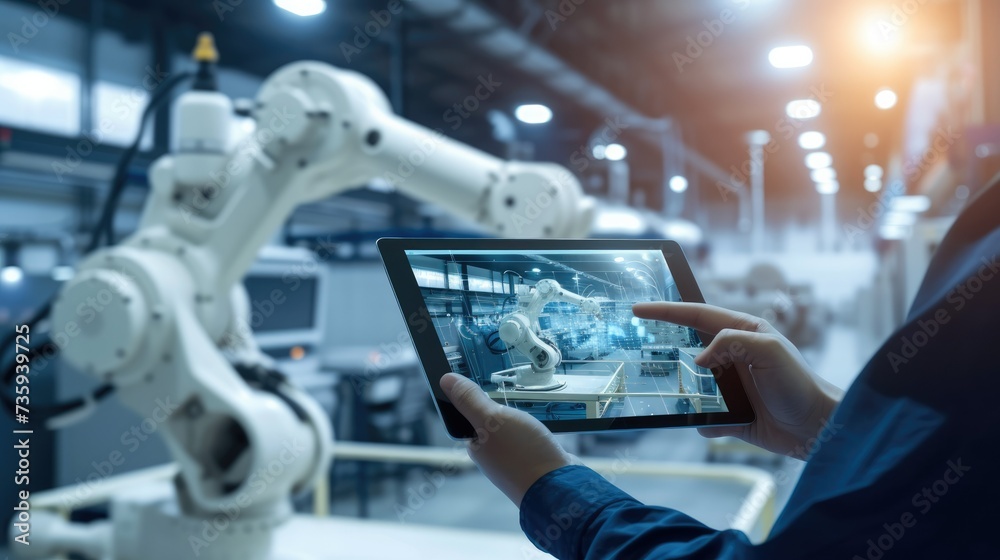 Poster Industry 4.0 concept. Engineer working tablet with Augmented reality screen software of automate wireless Robot arm in smart factory. Generative AI.