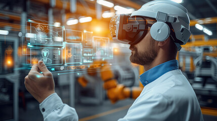 Engineer using smart glasses with augmented mixed with virtual reality technology to monitoring machine in real time. working in smart factory. Generative AI.
