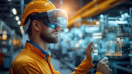 Engineer using smart glasses with augmented mixed with virtual reality technology to monitoring machine in real time. working in smart factory. Generative AI.
