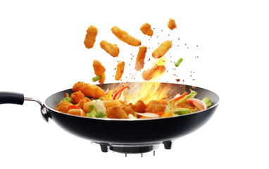 Frying Pan Filled With Fried Food on Top of Stove. A frying pan filled with a variety of fried food items, such as chicken wings, french fries, and onion rings, is placed on top of a stove.