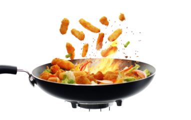 Frying Pan Filled With Fried Food on Top of Stove. A frying pan filled with a variety of fried food items, such as chicken wings, french fries, and onion rings, is placed on top of a stove.