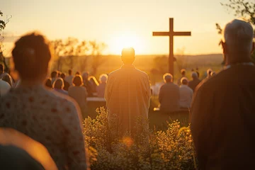 Fototapeten Documentary capture of sunrise Easter services held outdoors with worshippers gathered in the early morning light a moment of communal faith and reflection © Premreuthai