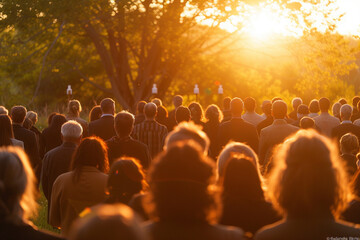 Fototapeta na wymiar Documentary capture of sunrise Easter services held outdoors with worshippers gathered in the early morning light a moment of communal faith and reflection