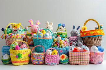 Editorial shot of a collection of Easter baskets each uniquely decorated and filled with colorful...
