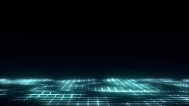 Abstract technology perspective grid. Detailed wireframe landscape with blue lines on black background. Digital space with mesh. 3d rendering.