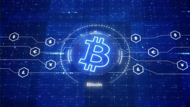 Bitcoin animated logo. Animation of BTC cryptocurrency. Crypto in digital world. Decentralized digital currency, without a central bank