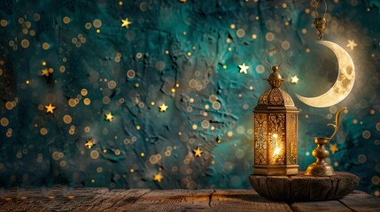 Eid-ul-adha festival celebration: Arabic Ramadan lantern illuminating wooden table with crescent moon and stars decoration - obrazy, fototapety, plakaty