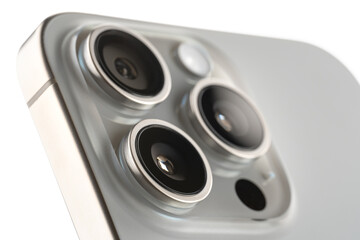 Dnipro, Ukraine - 09.12, 2023: Studio shot of new Apple iPhone 15 Pro Max Natural Titanium on a white background. Mockup iPhone 15 Pro Max set with back. with clipping mask (alpha channel) for quick i